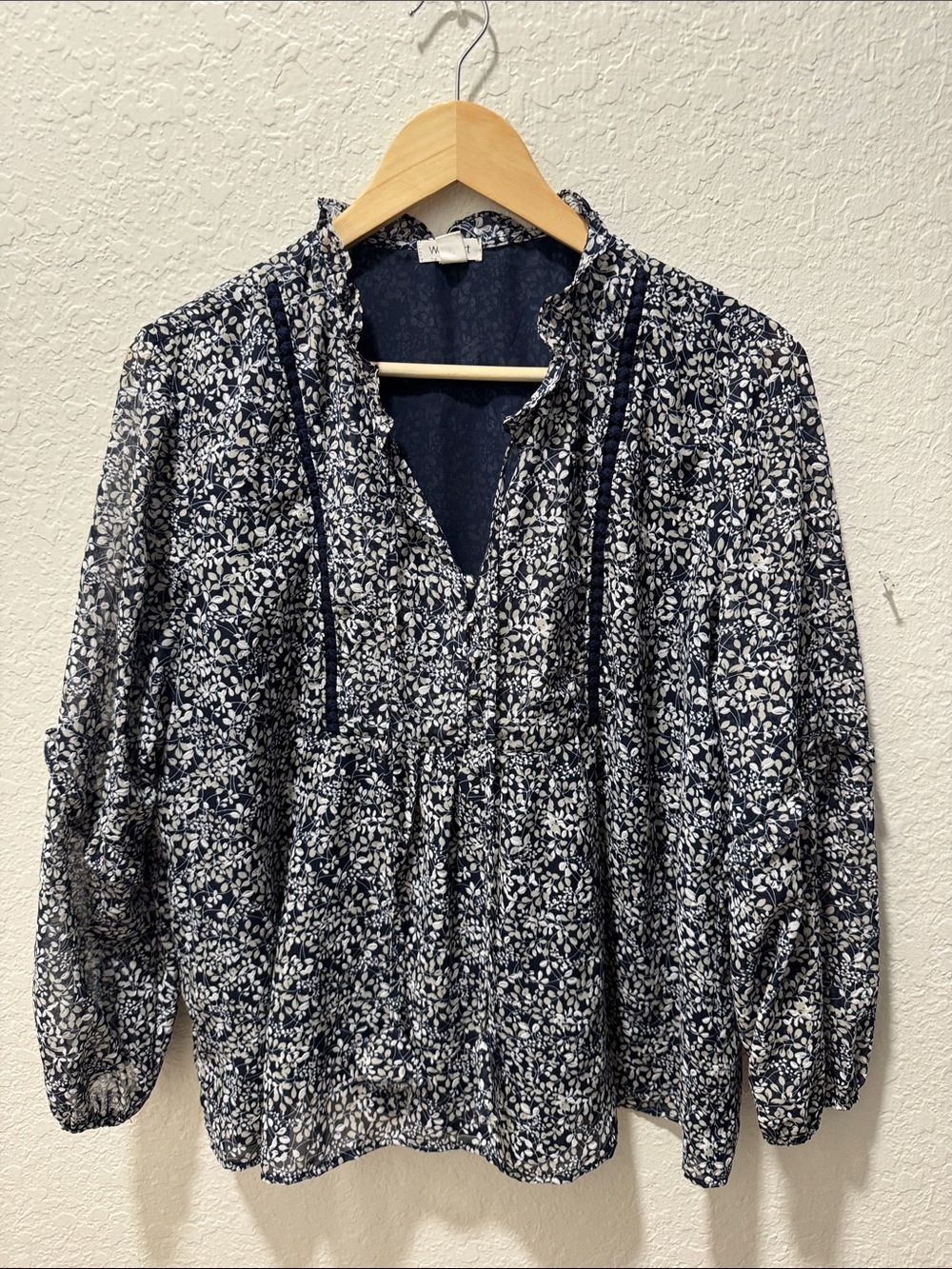 Women's Navy Floral Pintuck Ruffle Blouse